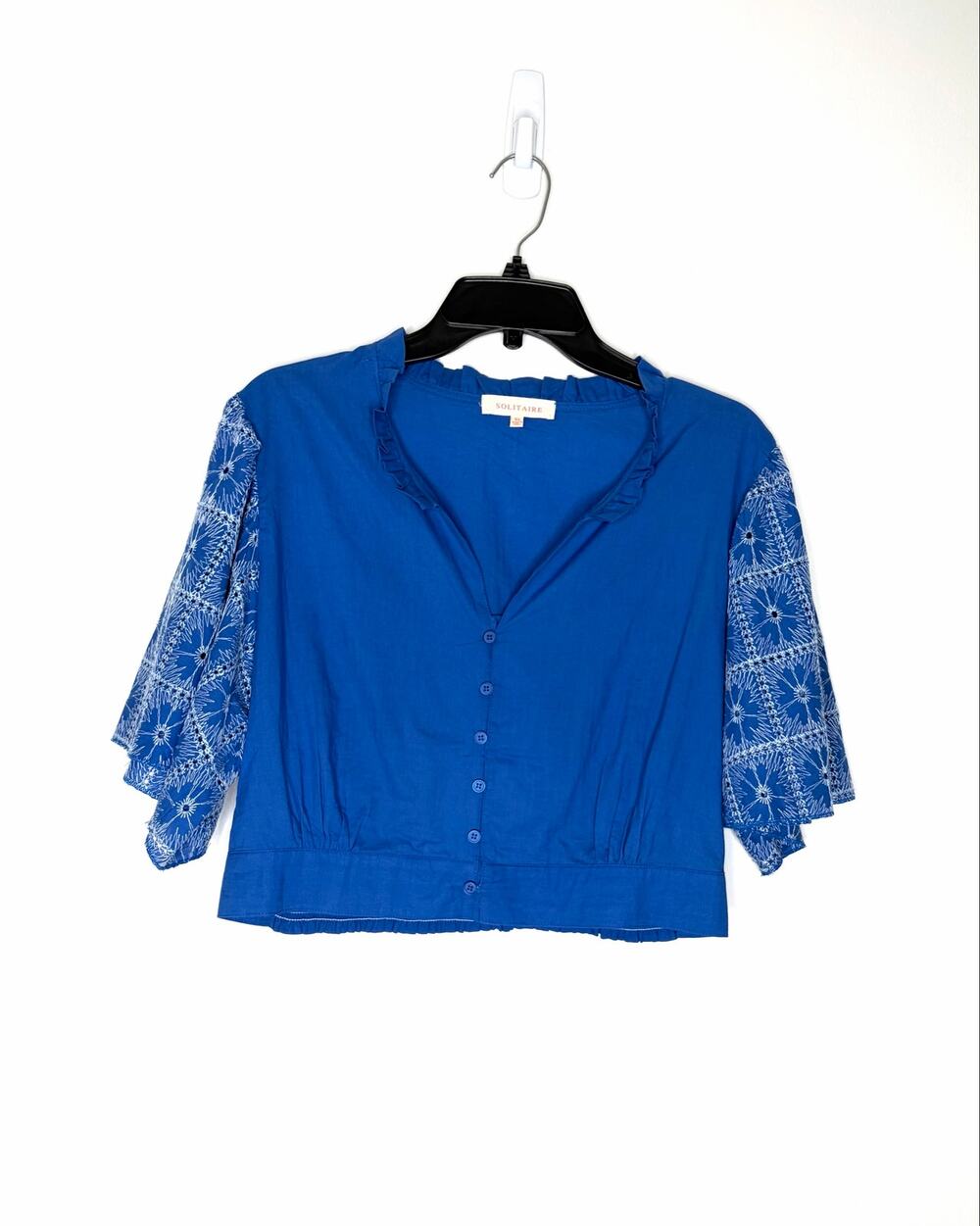 Solitaire Embroidered Eyelet Crop Top Sz XL Button Front Boho Peasant Coastal